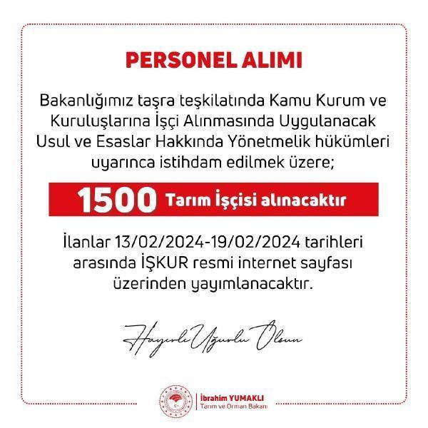 2024 Tarım ve Orman Bakanlığı 1500 Tarım İşçisi Alımı Duyurusu